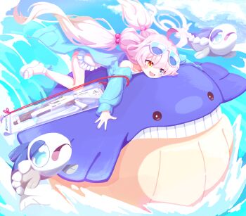 1girl beretta_1301 blue_archive blue_eyes commentary_request commission crossover eyewear_on_head gen_3_pokemon gen_7_pokemon hair_bobbles hair_ornament halo heterochromia highres hoshino_(blue_archive) looking_ahead midriff nintendo open_mouth orange_eyes pleated_skirt pokemon pokemon_(creature) sandals skirt ttrtag wailmer white_skirt wishiwashi wishiwashi_(solo)