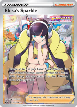 1girl artist_name balloon black_hair blue_eyes card_(medium) castle character_name charizard closed_mouth coat company_name copyright_name copyright_notice elesa_(pokemon) english_text gen_1_pokemon hand_on_own_face head_rest headgear headphones jigglypuff lens_flare looking_at_viewer mizutani_megumi nintendo official_art pikachu pokemon pokemon_bw2 pokemon_card pokemon_tcg short_hair_with_long_locks sitting smile solo third-party_source trading_card yellow_coat