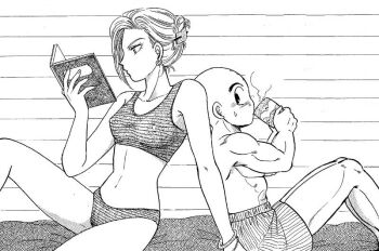 1boy 1girl android_18 back-to-back blush book couple dragon_ball drinking_tea husband_and_wife kuririn muscular muscular_male reading relaxing sweatdrop swimsuit tea