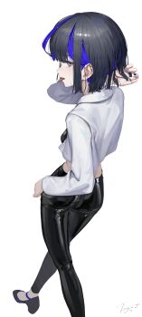1girl absurdres arm_behind_head ass black_hair black_pants black_shirt blue_hair bob_cut colored_inner_hair commentary crop_top cropped_vest ear_piercing eyelashes from_above from_behind grey_eyes hair_behind_ear high_heels highres hoshi_(tagua) latex_pants long_sleeves looking_at_viewer looking_back multicolored_hair nail_polish original pants piercing shirt short_hair signature solo streaked_hair symbol-only_commentary tagua teeth thighhighs tongue tongue_out tongue_piercing upper_teeth_only vest walking white_vest