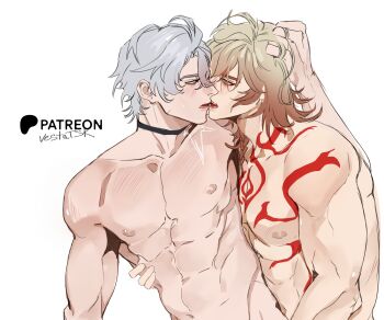 2boys abs black_choker blonde_hair blush braid chest_tattoo choker french_kiss from_side grey_hair highres honkai:_star_rail honkai_(series) implied_sex kiss kiss_from_behind male_focus multicolored_hair multiple_boys mydei_(honkai:_star_rail) neck_tattoo nipples nude orange_hair patreon_logo patreon_username pectorals phainon_(honkai:_star_rail) red_tattoo side_braid simple_background single_braid tattoo toned toned_male tsk0975 two-tone_hair white_background yaoi