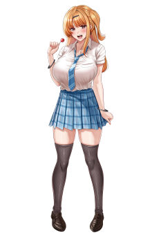 1girl :d absurdres black_pantyhose black_shoes black_thighhighs blonde_hair blue_necktie blue_skirt blush breasts candy chupa_chups commentary_request diagonal-striped_clothes diagonal-striped_necktie food full_body gyaru highres holding holding_candy holding_food large_breasts loafers lollipop mole mole_under_mouth necktie nori_chazuke open_mouth original pantyhose plaid_clothes plaid_skirt school_uniform shoes short_sleeves simple_background skirt smile solo standing striped_clothes teeth thighhighs thighs tongue variant_set white_background