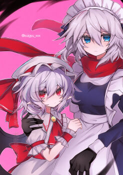 2girls :| apron ascot black_gloves blue_dress blue_eyes bow breasts closed_mouth commentary_request cowboy_shot dress embodiment_of_scarlet_devil expressionless frilled_dress frills gloves gold_pendant grey_hair hair_between_eyes hand_on_another's_shoulder hat hat_ribbon height_difference highres izayoi_sakuya long_sleeves looking_at_viewer maid maid_apron maid_headdress medium_hair mob_cap multiple_girls pink_background pointy_ears puffy_short_sleeves puffy_sleeves puritan_collar red_ascot red_bow red_eyes red_ribbon red_scarf red_wrist_cuffs remilia_scarlet ribbon scarf short_sleeves sleeve_cuffs slit_pupils suigyu_xxx touhou waist_bow white_dress white_hat wrist_cuffs