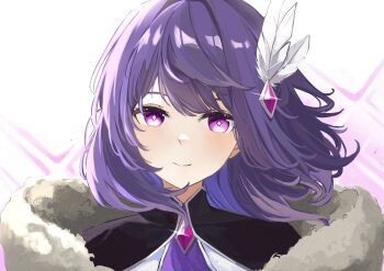 1girl absurdres adelaide_(vtuber) brooch closed_mouth commentary feathers fur_(clothing) gem hair_ornament highres indie_virtual_youtuber jewelry looking_at_viewer niver portrait purple_eyes purple_gemstone purple_hair short_hair smile solo swept_bangs symbol-only_commentary virtual_youtuber white_background