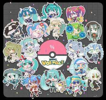 Rule 34 | 6+girls, aqua hair, black border, black hair, blonde hair, blue hair, border, bug miku (project voltage), chibi, chibi only, closed mouth, commentary request, confetti, copyright name, dark miku (project voltage), dated, dragon miku (project voltage), electric miku (project voltage), everyone, eyelashes, fairy miku (project voltage), farfetch'd, fighting miku (project voltage), fire miku (project voltage), flying miku (project voltage), gen 1 pokemon, ghost miku (project voltage), grass miku (project voltage), green hair, grey background, grid background, ground miku (project voltage), hatsune miku, highres, ice miku (project voltage), long hair, miku day, multicolored hair, multiple girls, multiple persona, najo, nintendo, normal miku (project voltage), open mouth, orange hair, outline, pink hair, poison miku (project voltage), poke ball symbol, pokemon, pokemon (creature), project voltage, psychic miku (project voltage), red hair, rock miku (project voltage), smile, steel miku (project voltage), teeth, twintails, upper teeth only, vocaloid, water miku (project voltage), white hair, white outline