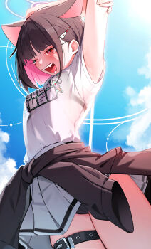 1girl absurdres animal_ears armpits black_hair black_panties blue_archive blue_sky cat_ears clothes_around_waist colored_inner_hair commentary_request cowboy_shot day extra_ears hair_ornament hairclip halo highres jacket jacket_around_waist kazusa_(band)_(blue_archive) kazusa_(blue_archive) multicolored_hair one_eye_closed open_mouth panties pink_hair pink_halo red_eyes see-through_clothes see-through_shirt see-through_silhouette shirt short_hair short_sleeves skirt sky solo stretching t-shirt tearing_up underwear white_shirt white_skirt whonyang yawning