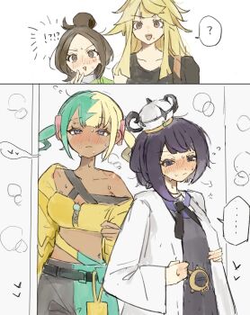 !? ... 1boy 2koma 3girls ? adjusting_clothes bandeau belt black_dress blonde_hair blush brown_eyes brown_hair canari_(pokemon) chamopichamo closed_mouth coat comic commentary_request dress green_hair gwynn_(pokemon) harmony_(pokemon) highres ivor_(pokemon) jacket long_hair long_sleeves mole mole_under_mouth multicolored_hair multiple_girls nintendo o-ring o-ring_belt open_clothes open_coat open_jacket pokemon pokemon_legends:_z-a purple_eyes purple_hair red_eyes short_hair single_off_shoulder split-color_hair spoken_ellipsis spoken_question_mark sweat twintails two-tone_hair white_coat yellow_bandeau yellow_jacket yuri