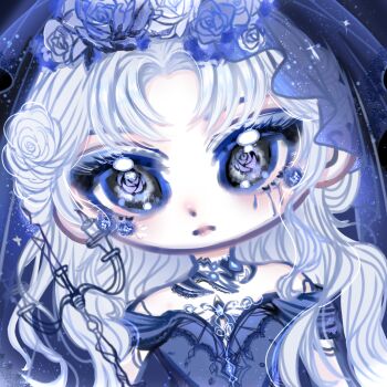 1girl aligao bare_shoulders black_background black_choker black_eyes blue_dress blue_eyeliner blue_flower blue_rose blue_theme blue_veil bridal_veil bride candle candlestand chibi chinese_commentary choker closed_mouth commentary_request crying crying_with_eyes_open dot_nose dress eyeliner eyeshadow facial_tattoo fire flower flower_in_eye flower_tattoo frown glitter grey_eyeshadow hair_flower hair_ornament infinity_nikki lace-trimmed_choker lace_trim light_blush lipstick long_hair long_sidelocks makeup mascara nameless_selfless_(infinity_nikki) nikki_(series) off-shoulder_dress off_shoulder pink_lips rose runny_makeup sad short_sleeves sidelocks simple_background solo sparkle symbol_in_eye tattoo teardrop tears upper_body veil very_big_eyes very_long_hair wavy_hair wedding_dress white_flower white_hair white_rose