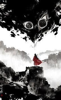 1boy 1other artist_name black_hair black_smoke chinese_clothes coat colored_smoke dao_gui_yi_xian eyeball facing_away faux_traditional_media from_behind full_body grass hair_bun hanfu ink_wash_painting li_huowang long_hair long_sleeves male_focus monochrome monster mountain mountainous_horizon red_coat robe rock seal_impression single_hair_bun smoke solo spot_color standing sword sword_on_back very_long_hair weapon weapon_on_back wide_shot wide_sleeves xuedaixun