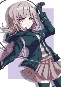 1girl absurdres breasts brown_hair collared_shirt controller danganronpa_(series) danganronpa_2:_goodbye_despair flipped_hair game_controller hair_ornament highres hishaku_(hisyakusama) holding holding_controller holding_game_controller hood jacket long_sleeves looking_at_viewer medium_hair nanami_chiaki neck_ribbon open_clothes open_jacket pink_eyes pink_ribbon ribbon shirt skirt solo thighhighs white_shirt