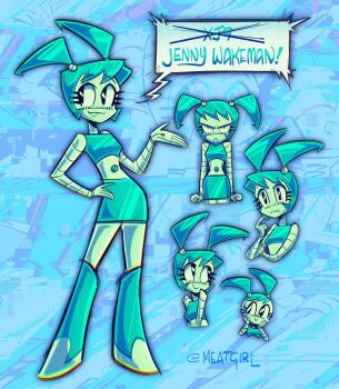 1girl android blue_hair blue_tank_top colored_skin hand_on_own_hip highres humanoid_robot jenny_wakeman joints meatgiri metal_skin multiple_expressions my_life_as_a_teenage_robot robot robot_girl robot_joints screw tank_top twintails white_skin