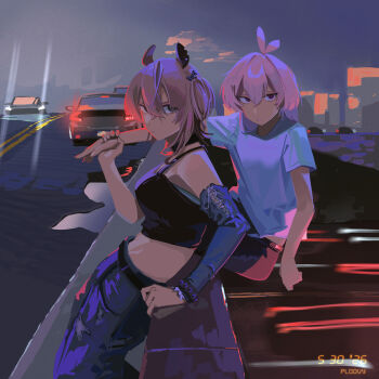 2026 2girls absurdres afterimage alternate_costume animal_ear_piercing animal_ears antenna_hair atmospheric_perspective backlighting baggy_clothes belt black_bow black_choker blonde_hair blurry blurry_background bow breasts bridge building car choker city city_lights cloud colorful_clouds commentary crop_top dated denim detached_sleeves double-parted_bangs dusk english_commentary glowing_pupils gradient_sky green_eyes hair_between_eyes hanging haze highres holding_another's_wrist indie_virtual_youtuber jeans large_breasts long_hair looking_at_viewer medium_hair midriff motion_lines motor_vehicle multiple_girls mumble_(shachimu) night nimi_nightmare one_side_up open_mouth original outdoors painterly pants pink_eyes pink_hair ploovy red_pupils road shirt short_sleeves sidelighting single_detached_sleeve sky skyline sleeveless sleeveless_shirt speed_lines strap studded_belt t-shirt tapir_ears tapir_girl torn_clothes torn_jeans torn_pants upper_body virtual_youtuber white_shirt wrist_belt