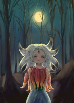 Rule 34 | 1girl, absurdres, arms behind back, bare shoulders, blue skirt, capelet, commentary, facial mark, forehead mark, full moon, green shirt, grey eyes, highres, houjuu chimi, looking at viewer, medium hair, moon, multicolored hair, night, omaega chan, outdoors, parted bangs, pointy hair, shirt, skirt, sleeveless, sleeveless shirt, smile, solo, touhou, tree, two-tone hair, white hair