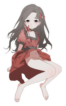 1girl barefoot belt black_belt black_choker black_hair blush bow choker clothes_lift dress dress_lift full_body hair_bow highres invisible_chair lazhuzelazhuze loli long_hair looking_at_viewer navel no_panties original puffy_short_sleeves puffy_sleeves red_bow red_dress red_eyes short_sleeves simple_background sitting smile solo white_background wind wind_lift