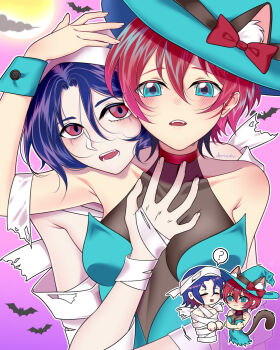 1boy 1girl ? absurdres amate_yuzuriha animal_ears aqua_dress aqua_eyes aqua_hat artist_name bat_(animal) black_leotard blue_hair breasts cat_ears cat_girl cat_tail center_opening chibi chibi_inset cloud collarbone commentary demusako dress full_moon gundam gundam_gquuuuuux hair_between_eyes halloween halloween_costume hat hetero highres hug hug_from_behind leotard moon multiple_views mummy_costume open_mouth red_eyes red_hair short_hair shuji_ito speech_bubble spoken_question_mark tail teeth upper_teeth_only witch_hat wrist_cuffs
