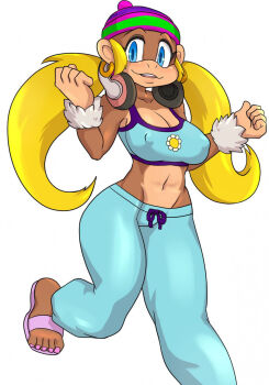 1girl beanie blonde_hair blue_eyes breasts cleavage colored_skin curvy daigaijin donkey_kong_(series) earrings feet furry furry_female hat headphones highres hip_bones hoop_earrings jewelry large_breasts long_hair midriff monkey monkey_girl nail_polish navel nintendo nipples pants sandals shiny_skin smile sweatpants tank_top tiny_kong toes twintails very_long_hair