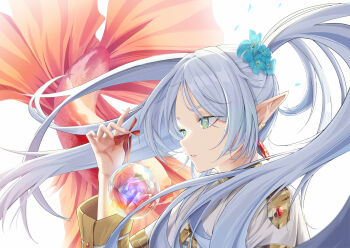 1girl about_fg absurdres alternate_costume bag bagged_fish capelet commentary earclip earrings elf fish floating_hair flower frieren from_side green_eyes grey_hair hair_flower hair_ornament highres holding jewelry long_hair parted_lips pointy_ears sousou_no_frieren teardrop_earrings twintails upper_body very_long_hair water_yoyo white_capelet