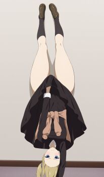 1girl black_dress black_socks blonde_hair blue_ribbon blush breasts brown_footwear clothes_around_waist collared_dress coro_fae dress hair_ribbon handstand hayasaka_ai highres kaguya-sama_wa_kokurasetai_~tensai-tachi_no_renai_zunousen~ kneehighs long_sleeves looking_at_viewer lycoris_challenge_(meme) lycoris_recoil medium_breasts meme one_side_up parody pleated_dress red_eyes ribbon scene_reference school_uniform short_hair shuuchiin_academy_school_uniform socks sweater sweater_around_waist thick_thighs thighs upside-down