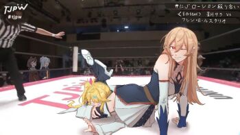 Rule 34 | 5girls, belt, black pants, black shoes, black thighhighs, blonde hair, brown belt, brown hair, commentary request, d0dantuiren, dress, elbow gloves, furen e lustario, furen e lustario (1st costume), gloves, hair between eyes, high heels, higuchi kaede, higuchi kaede (1st costume), hoshikawa sara, hoshikawa sara (1st costume), inui toko, inui toko (1st costume), long hair, looking at viewer, multiple girls, nijisanji, one eye closed, outstretched arms, pants, photo-referenced, photo background, referee, scissorhold, shirt, shoes, short sleeves, side ponytail, smile, spread arms, striped clothes, striped shirt, thighhighs, tokyo joshi pro wrestling, virtual youtuber, white dress, white gloves, wrestling ring