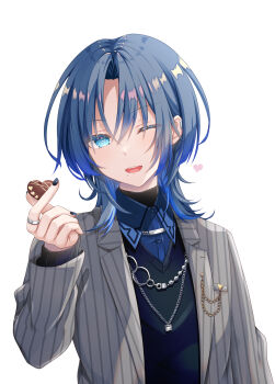 Rule 34 | 1girl, absurdres, androgynous, blue eyes, blue hair, chocolate, finger heart, highres, hiodoshi ao, hololive, hololive dev is, jacket, jewelry, necklace, one eye closed, open mouth, virtual youtuber, white background, yanase aki