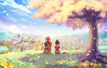 1boy 1girl antenna_hair architecture artist_request atmospheric_perspective belt beret bird black_hair black_shirt black_shorts black_sleeves blue_sky brown_belt building castle cherry_blossoms cloud collared_shirt day european_architecture flag flower fountain from_behind gable_roof gate gem gloves glowing glowing_petals grass hair_tie hat ispin_charles jacket large_belt loose_belt midriff military_hat military_jacket military_uniform mountain mountainous_horizon multicolored_jacket muscular muscular_male narrow_waist nexon official_art open_mouth orange_gloves orange_hair orange_pants outdoors pants petals plain_epaulettes pond portcullis red_gemstone red_hat red_jacket rooftop scenery second-party_source shade shirt short_hair shorts shoulder_belt side-by-side sitting sivelin_uuo sky sleeveless sleeveless_jacket spire steeple tales_weaver torn_clothes torn_shirt town town_square tree turtleneck turtleneck_shirt undershirt unworn_hat unworn_headwear white_bird window yellow_flower yellow_petals