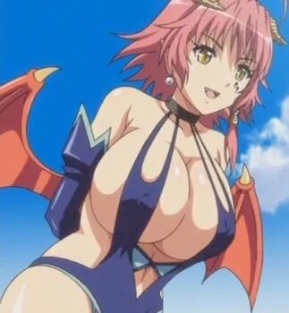 bat_wings boots breasts collar covered_erect_nipples demon_girl demon_horns demon_tail demon_wings detached_sleeves earrings fang garter_straps horns jewelry knee_boots kyonyuu_fantasy large_breasts leotard lowres non-web_source pale_skin pointy_ears shamsiel_shahar strapless strapless_leotard tail tattoo thighhighs wings