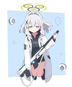 ... 1girl absurdres battle_rifle black_hoodie black_shoes blue_archive blue_background blush border bullpup closed_eyes coat commentary_request cross_hair_ornament drone green_halo gun hair_intakes hair_ornament halo hare_(blue_archive) highres holding holding_gun holding_weapon hood hood_down hoodie kel-tec_rfb long_hair long_sleeves millennium_science_school_logo mochigome_(ununquadium) motion_lines open_clothes open_coat outside_border ponytail rifle shoes sidelocks simple_background solo spoken_ellipsis sweat weapon white_border white_coat white_hair