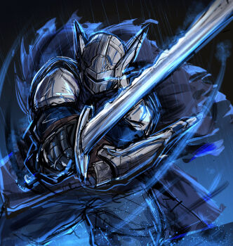 1boy absurdres arm_mounted_weapon armor black_background blue_cloak blue_surcoat brown_gloves cloak commentary_request elden_ring elden_ring_nightreign eye_trail fighting_stance gloves glowing glowing_eye gradient_background helmet highres holding holding_sword holding_weapon light_particles light_trail looking_at_viewer plate_armor poni_(poni_arknights) rain solo standing sword weapon winged_helmet wylder_(elden_ring)