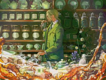 1boy blonde_hair box commentary crystal cup floating_liquid flower formal_clothes glass_bottle green_jacket green_necktie green_vest highres holding hourglass jacket jar looking_to_the_side low-tied_medium_hair male_focus mori_hisato necktie original plant plate profile purple_flower serving_dome shirt shop tea tea_set tea_stand teacup teapot vase vest wall_shelf white_flower white_shirt