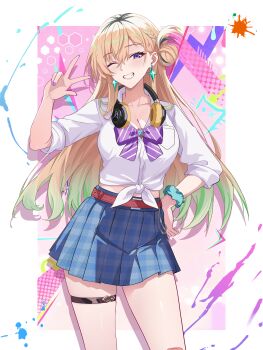 1girl absurdres blonde_hair blue_skirt border bow bowtie breasts chinese_commentary collarbone colored_tips colorful_background commentary_request earrings fingernails green_hair grin hand_on_own_hip hand_up headphones headphones_around_neck highres jewelry looking_at_viewer lynae_(wuthering_waves) medium_breasts multicolored_hair nail_polish official_alternate_costume one_eye_closed purple_bow purple_bowtie purple_eyes shirt skirt smile solo star_(symbol) star_earrings tied_shirt w wallet_chain white_border white_shirt wuthering_waves xiongji_z_z