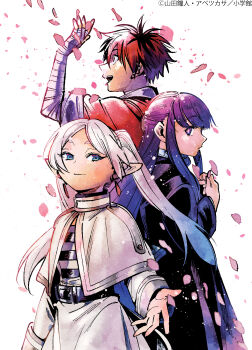 1boy 2girls abe_tsukasa bandaged_hand bandaged_wrist bandages belt belt_buckle black_belt black_hair black_jacket black_shirt blue_eyes buckle building capelet closed_mouth dress earrings elf falling_petals fern_(sousou_no_frieren) frieren from_side highres holding holding_petal jacket jewelry long_hair long_pointy_ears long_sleeves looking_at_viewer multicolored_hair multicolored_shirt multiple_girls official_art open_mouth orange_hair outstretched_hand pantyhose petals pointy_ears purple_eyes second-party_source shirt short_hair simple_background skirt smile sousou_no_frieren stark_(sousou_no_frieren) striped_clothes striped_shirt teardrop_earrings twintails two-tone_hair white_background white_capelet white_hair white_jacket white_shirt white_skirt