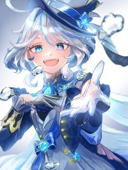 ascot asymmetrical_gloves black_ascot blue_ascot blue_gemstone blue_hat blue_jacket commentary_request cowlick drop-shaped_pupils eyelash_ornament furina_(genshin_impact) gem genshin_impact gloves hat heterochromia highres hydro_symbol_(genshin_impact) jacket kayan_n mismatched_gloves mismatched_pupils multicolored_hair streaked_hair symbol-shaped_pupils top_hat