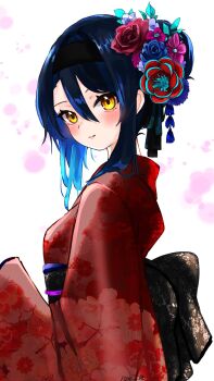 1girl black_sash blue_hair blush closed_mouth commentary floral_print floral_print_kimono gangzi_(vtuber) hair_between_eyes hair_bun hair_ornament haro_(1026_86) highres japanese_clothes kanzashi kimono long_bangs looking_at_viewer looking_to_the_side obi print_kimono red_kimono sash single_hair_bun solo stellive symbol-only_commentary turning_head twitter_username upper_body virtual_youtuber white_background yellow_eyes