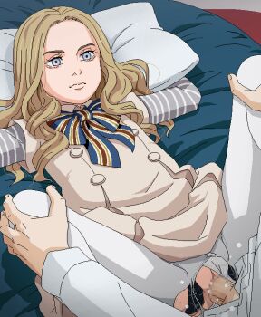 1boy 1girl android bed blonde_hair blue_eyes censored clothed_sex clothing_aside doll_joints expressionless hetero joints loli long_hair m3gan m3gan_(character) panties panties_aside pantyhose penis pillow robophilia robot robot_girl sex solo_focus spread_legs tomu_(tomubobu) torn_clothes torn_pantyhose underwear vaginal white_panties white_pantyhose