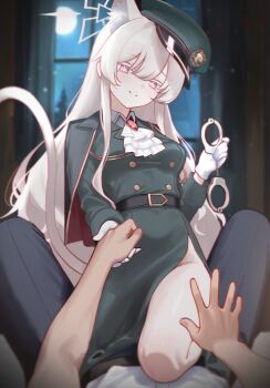 1boy 1girl akira_(blue_archive) akira_(miria)_(blue_archive) animal_ear_fluff animal_ears belt blue_archive cat_ears cuffs girl_on_top gloves green_jacket halo handcuffs highres indoors jacket long_hair looking_at_viewer mellow_(srpp4843) moon night red_eyes smile tail white_gloves white_hair