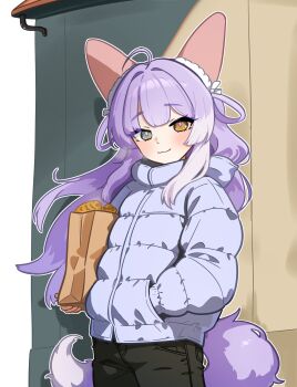 1girl :3 absurdres ahoge bag black_pants blue_eyes blush closed_mouth coat cowboy_shot day doro_(doroluvkuma) double-parted_bangs food fox_girl fox_tail hair_rings hand_in_pocket hashtag-only_commentary heterochromia highres holding holding_bag long_hair long_sidelocks long_sleeves looking_at_viewer multicolored_hair outdoors outline pants paper_bag purple_coat sidelocks smile solo standing stellive streaked_hair tail taiyaki tenko_shibuki wagashi white_outline winter_clothes winter_coat yellow_eyes