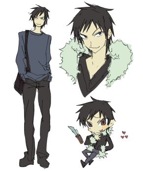 1boy bag black_bag black_hair black_jacket black_pants black_shoes blue_shirt brown_eyes chibi closed_mouth durarara!! full_body fur-trimmed_jacket fur_trim heart highres hood hood_down jacket knife looking_at_viewer male_focus multiple_views nzsssm open_mouth orihara_izaya pants shirt shoes short_hair shoulder_bag simple_background smile standing white_background