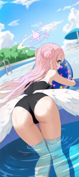 1girl absurdres angel_wings ass ball bare_arms beachball blue_archive competition_swimsuit double_bun feathered_wings gmg_(jiang35562897) hair_bun halo highres long_hair looking_at_viewer looking_back low_wings lying mika_(blue_archive) on_stomach one-piece_swimsuit open_mouth pink_hair pink_halo pool poolside swimsuit very_long_hair wet white_wings wings yellow_eyes