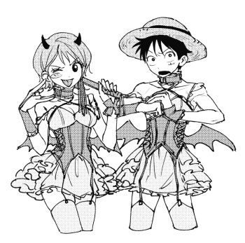 1boy 1girl alternate_costume b_kungya bare_shoulders blush blush_stickers breasts choker cleavage clenched_hand collarbone commentary_request corset cowboy_shot cropped_legs crossdressing crossdressing_(mtf) demon_horns demon_wings facial_scar garter_straps greyscale halloween halloween_costume hat holding horns korean_commentary looking_at_viewer matching_outfits monkey_d._luffy monochrome nami_(one_piece) one_eye_closed one_piece open_mouth scar scar_on_cheek scar_on_face short_hair skirt straw_hat thighhighs tongue tongue_out white_background wings