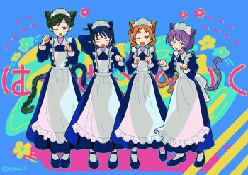 4girls :d :o alternate_costume animal_ears apron blue_dress blue_hair blush braid cat_ears cat_girl cat_tail colored_inner_hair colorful_background commentary_request dress embarrassed enmaided fujii_ayame full_body futsuu_no_keion-bu green_eyes green_hair green_tail group_name hair_ornament hairpin hatono_chihiro heartbreak_(futsuu_no_keion-bu) highres kemonomimi_mode kouyama_rin long_hair maid maid_apron maid_headdress medium_hair multicolored_hair multiple_girls one_eye_closed open_mouth orange_eyes orange_hair orange_tail otehaik parted_bangs paw_pose pixie_cut purple_eyes purple_hair purple_tail sanpaku short_hair smile standing tail twin_braids twintails twitter_username uchida_momo white_apron