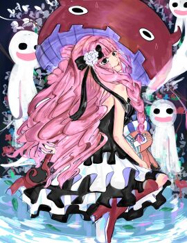 1girl blunt_bangs boots braid braided_sidelocks commentary dress eyelashes flower frilled_dress frills ghost hair_flower hair_ornament highres holding holding_umbrella kumacy long_hair looking_back mask mouth_mask one_piece perona pink_hair salmonnnn353372 single_bare_shoulder sitting solo two-tone_dress umbrella