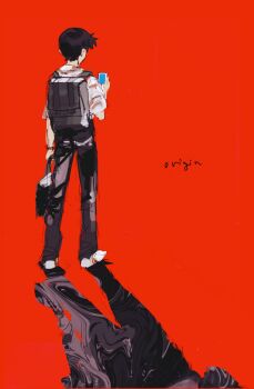 1boy backpack bag black_pants collared_shirt english_text from_behind highres holding ikari_shinji lot_1578 male_focus neon_genesis_evangelion pants red_background school_bag school_uniform shirt short_sleeves simple_background solo standing tokyo-3_middle_school_uniform walking white_shirt