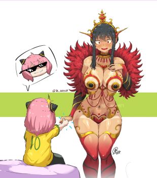 2girls anya&#039;s_heh_face_(meme) anya_(spy_x_family) bare_shoulders belly_piercing bikini bikini_bottom_only black_hair blush breasts clothing_request commentary deal_with_it_(meme) highres jk_arts large_breasts long_hair meme multiple_girls navel navel_piercing pasties piercing pink_hair red_eyes samba shirt short_hair spoken_expression spy_x_family stomach sunglasses swimsuit tan thighs twitter_strip_game twitter_username two-tone_background yellow_shirt yor_briar