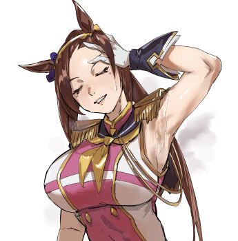 Rule 34 | 1girl, animal ears, armpits, asymmetrical gloves, bakushin o armpit gif (meme), blush, breasts, brown hair, closed eyes, commentary, epaulettes, facing viewer, gloves, gold hairband, hairband, hand in own hair, highres, horse ears, horse girl, large breasts, long hair, meme, neckerchief, parted lips, ponytail, sakura bakushin o (blossom in learning) (umamusume), sakura bakushin o (umamusume), simple background, sleeveless, smile, solo, sweat, taiyang yu, teeth, umamusume, upper body, white gloves, yellow neckerchief
