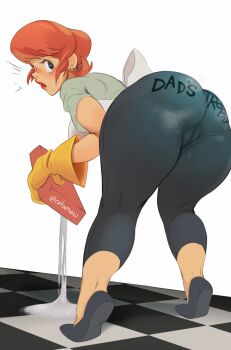 1girl apron ass ass_focus bent_over black_eyes black_footwear blush bow cameltoe cartoon_network checkered_floor clothes_writing commentary dexter&#039;s_laboratory dexter&#039;s_mom earrings english_commentary flats from_behind full_body gloves green_shirt highres huge_ass jewelry kneepits leggings lipstick looking_back makeup mature_female no_panties nose ortamaw pants pussy_juice pussy_juice_drip_through_clothes red_lips rubber_gloves shirt short_hair solo spilling stud_earrings surprised sweatdrop thick_thighs thighs tight_clothes tight_pants tiptoes turning_head twitter_username white_background yellow_gloves