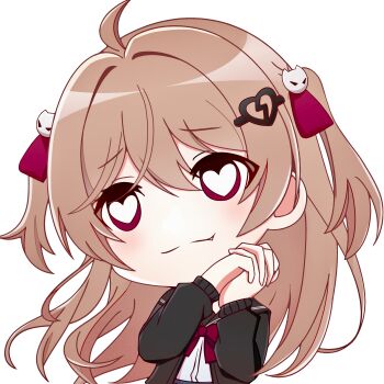 Rule 34 | 1girl, absurdres, ahoge, black cardigan, black sailor collar, bow, bowtie, broken heart, broken heart hair ornament, brown hair, cardigan, chibi, chibi only, closed mouth, commentary, dress shirt, english commentary, evil neuro-sama, fang, hair between eyes, hair ornament, hair ribbon, heart, heart-shaped pupils, highres, long hair, long sleeves, neuro-sama, red bow, red bowtie, red eyes, red ribbon, ribbon, sailor collar, shirt, shirt tucked in, skull hair ornament, solo, sticker (medium), symbol-shaped pupils, upper body, user mrsd7573, vedal ai, white shirt