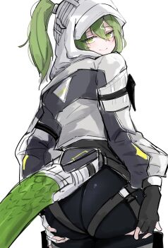 1girl absurdres arknights arknights:_endfield ass black_bodysuit bodysuit cain_lk closed_mouth commentary_request fluorite_(arknights) from_behind grabbing_own_ass green_eyes green_hair green_tail hair_through_hood highres hood hood_up hooded_shrug impossible_bodysuit impossible_clothes shrug_(clothing) smile snake_girl snake_tail solo tail white_shrug