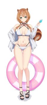 1girl animal_ears ayunda_risu bare_shoulders bikini brown_hair brown_tail devonmeza404 food full_body green_eyes highres holding holding_food holding_popsicle hololive hololive_indonesia jacket navel off_shoulder open_clothes open_jacket popsicle simple_background solo squirrel_ears squirrel_girl squirrel_tail swim_ring swimsuit tail virtual_youtuber white_background white_bikini white_jacket