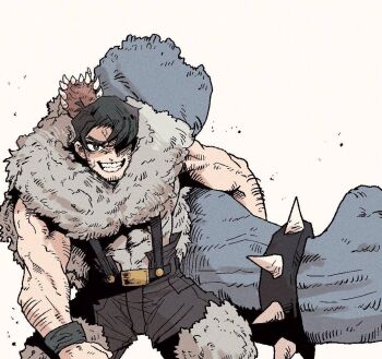 1boy abs arm_hair belt beowulf_(skullgirls) black_belt black_hair black_pants bracelet brown_eyes cape dated_commentary disembodied_arm feet_out_of_frame fur_cape grin hair_over_one_eye hangong1001 holding jewelry male_focus one_eye_covered pants parted_hair pelt skullgirls smile solo spiked_bracelet spikes standing suspenders teeth white_background