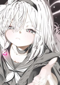 1girl absurdres black_choker black_hairband black_sailor_collar black_shirt blue_archive bow choker closed_mouth collarbone commentary english_commentary frown grey_eyes hair_bow hairband highres hug_invitation long_hair long_sleeves looking_at_viewer neckerchief parted_bangs plana_(blue_archive) sailor_collar sailor_shirt school_uniform sharp_to_sharp shirt solo upper_body white_bow white_hair white_neckerchief